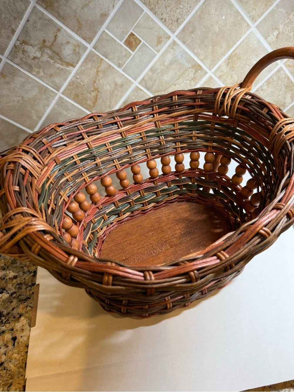 Vintage Woven Wicker Rattan Basket Wood Bead Double Handles Farmhouse Decor